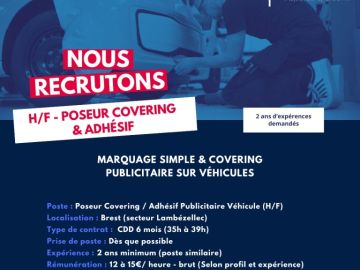 Nous agrandissons l’équipe et recherchons un Poseur covering et marquage adhésif sur véhicules.
Si tu aimes le travail manuel, le travail soigné et les...