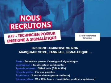 Nous agrandissons l’équipe et recherchons un Technicien / Poseur d’enseignes et signalétique.
Si tu aimes le travail manuel, le bricolage, les chantiers...